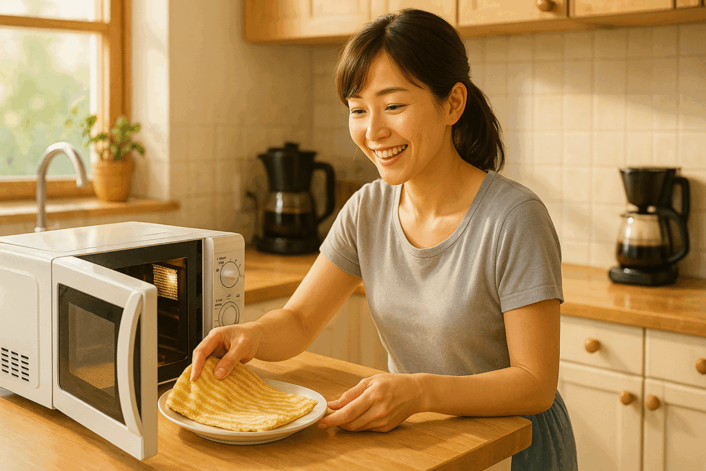 女性が電子レンジにお皿を入れながら微笑んでいるキッチンシーン
