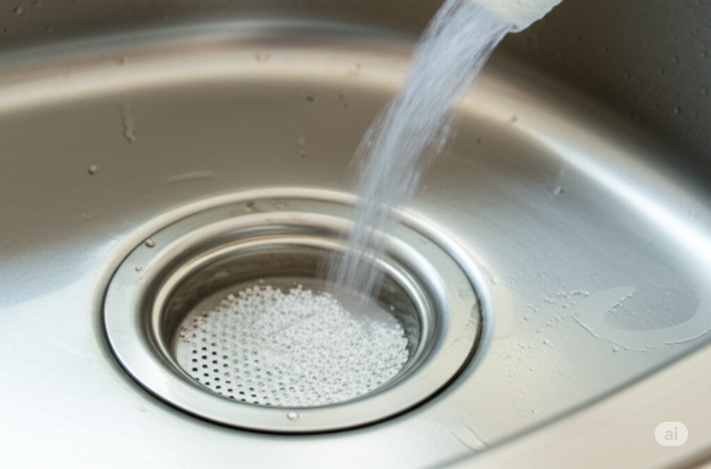 ステンレス製のキッチンシンクに水が注がれている様子