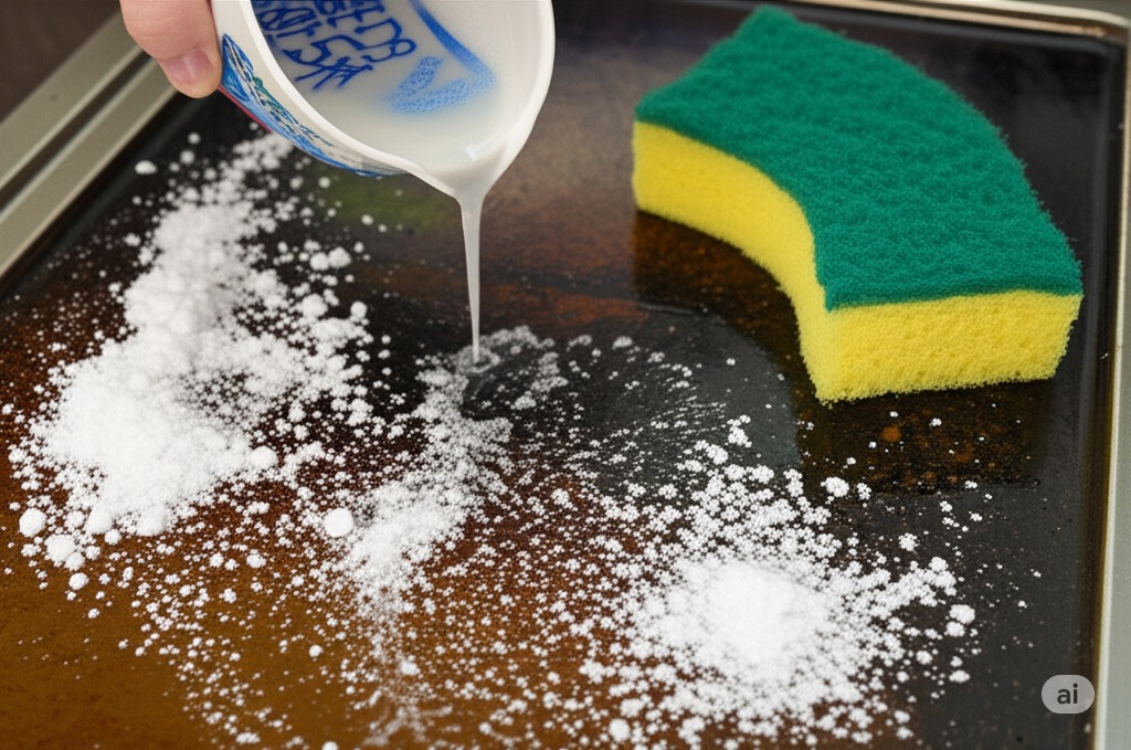 焦げ付きのあるキッチンプレートに重曹と液体クエン酸をかけ、隣にスポンジが置かれている掃除の準備シーン。