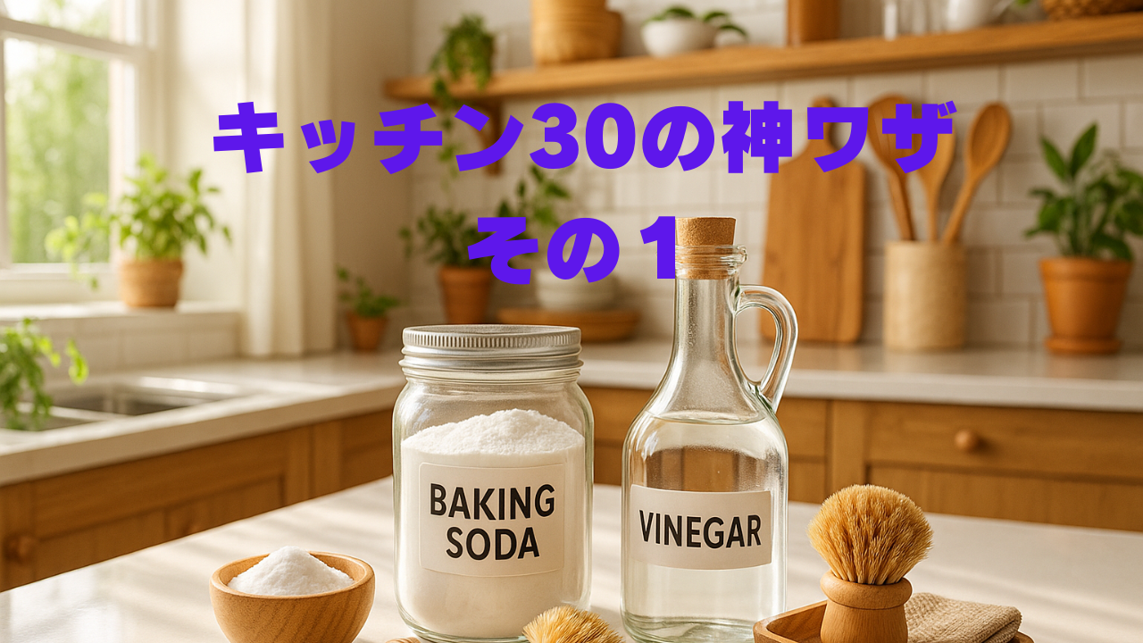 「キッチン30の神ワザ その1」と書かれた文字と、重曹と酢の瓶が置かれた明るいキッチン