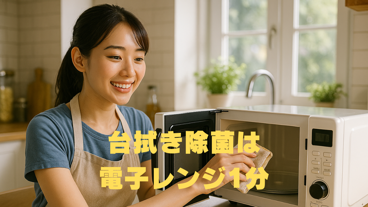 電子レンジに台拭きを入れ、除菌しようとしている女性