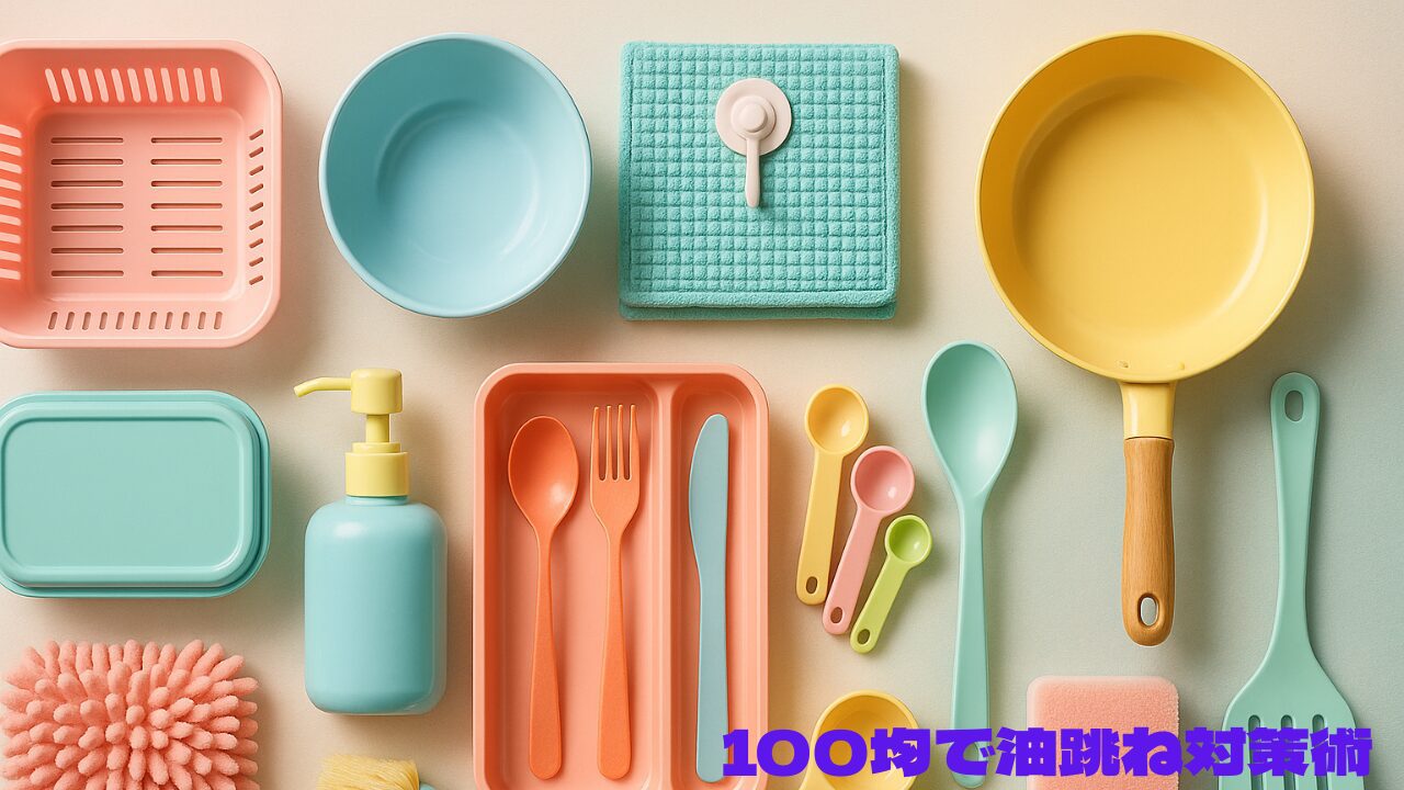 カラフルな100円グッズが整然と並ぶキッチンアイテムの集合写真、「100均で油跳ね対策術」の文字入り