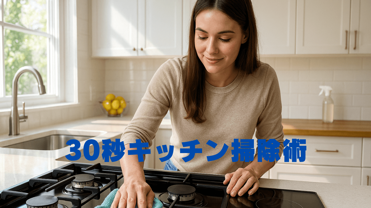 キッチンのコンロ周りを拭き掃除する女性。「30秒キッチン掃除術」という文字入り。