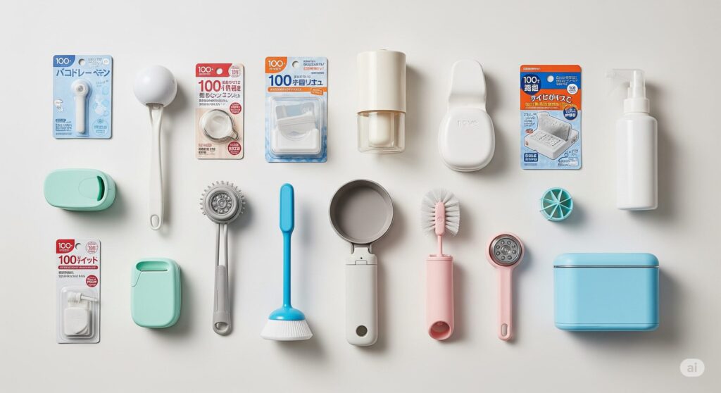 100円ショップで販売されている多彩な便利グッズが並べられている様子