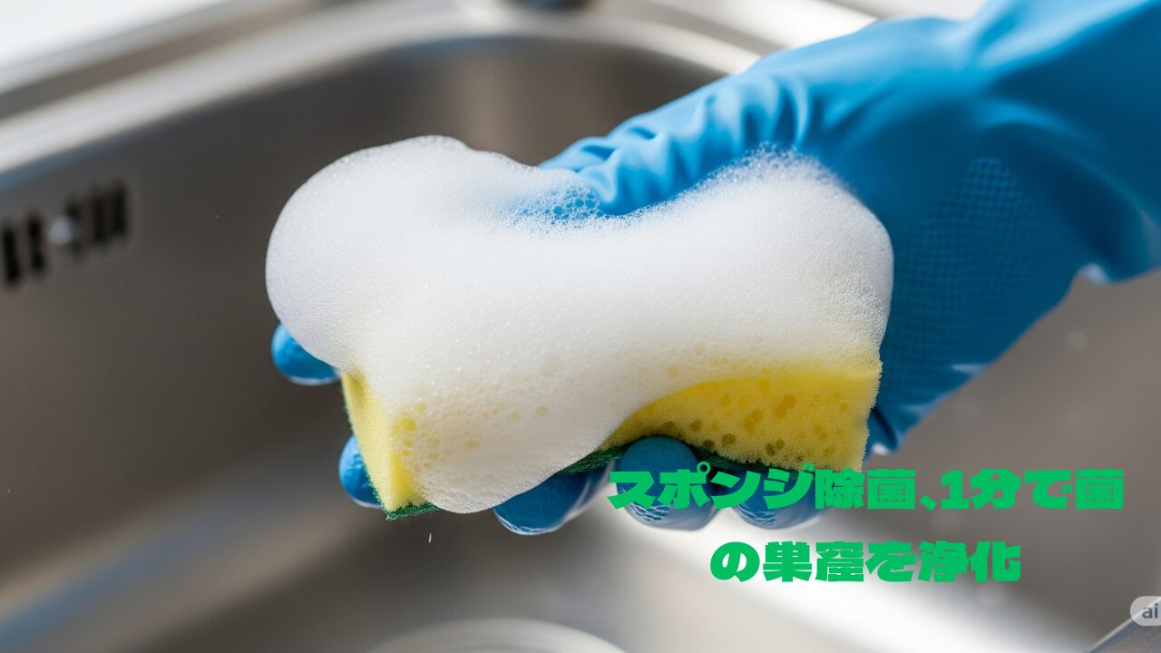 青いゴム手袋をした手が洗剤で泡立てられた黄色と緑のスポンジを握っている様子。背景はステンレス製のシンクの一部。