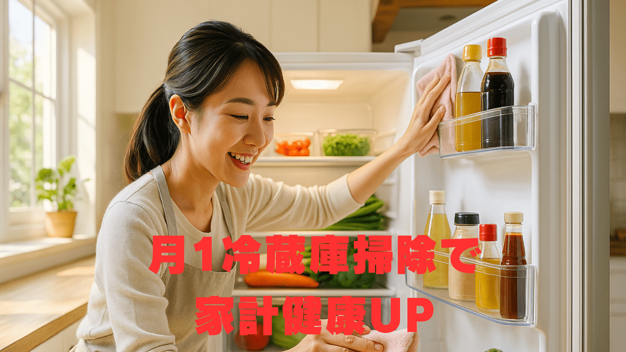 冷蔵庫を丁寧に掃除する笑顔の女性。整理された食品や調味料が見える。