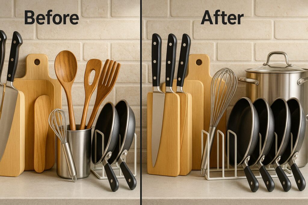 キッチン用品の整理整頓前と後を比較した画像。「Before」と書かれた左側では調理器具が乱雑に置かれ、「After」と書かれた右側ではナイフブロックや収納ラックを使って整然と片付けられている。
