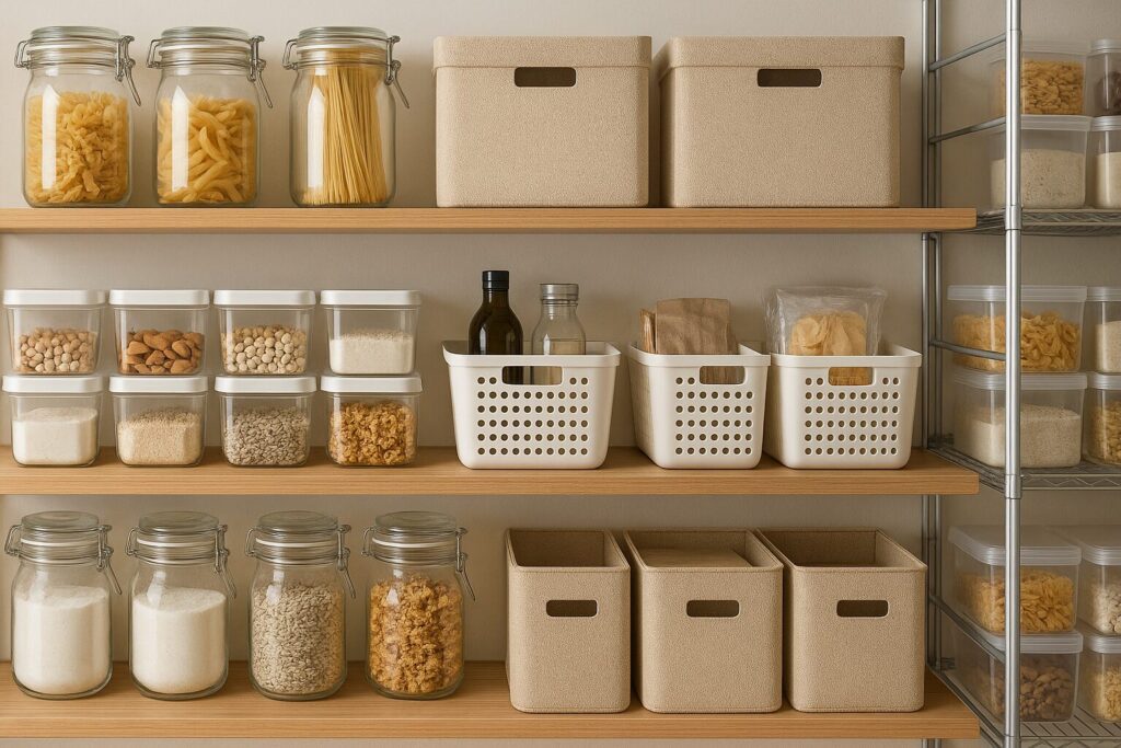 整然と整理されたパントリーの棚。パスタや穀物などが、ガラス瓶やプラスチック容器に詰め替えられ、美しく並べられている。