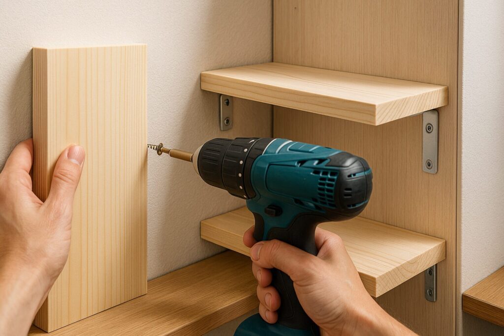 電動ドリルドライバーを使い、木製の棚にネジを打ち付けている人の手元。DIYで家具を組み立てている様子がわかる。