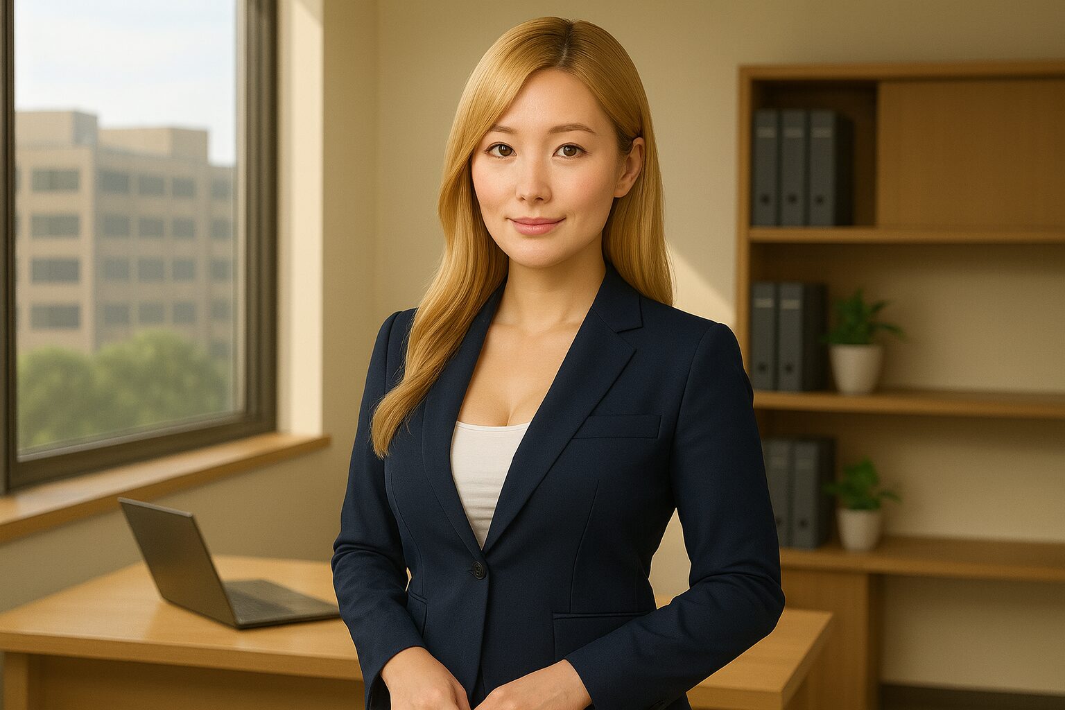 オフィスで、ダークスーツを着た若い女性が自信に満ちた表情でカメラを見つめている。