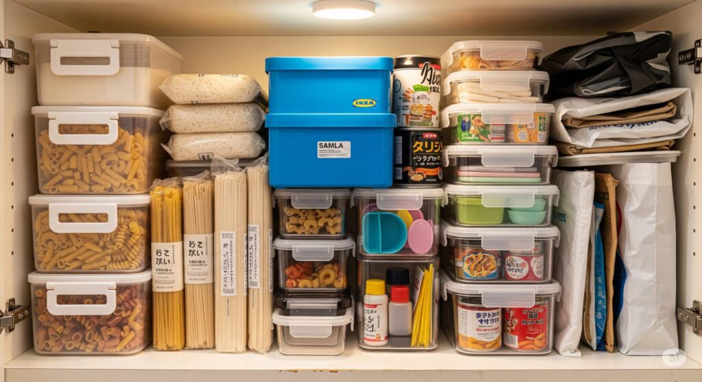 きれいに整理整頓されたキッチンの戸棚。パスタや乾麺などの食料品が、透明な保存容器に入れられ、整然と並んでいる。