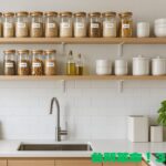 美しく整理整頓されたキッチンの風景。開架棚には統一された容器に入った調味料や食器が並んでいる。「台所革命！30の知恵」という文字が入っている。