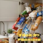 キッチンの吊り戸棚を開けた途端、収納されていたパスタなどの食料品が大量に雪崩落ちてくる様子。