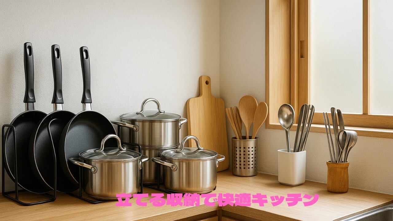 木製のキッチンカウンターの上に、フライパンスタンドに立てられた黒いフライパン、複数のステンレス鍋、まな板、調理器具を入れたスタンドなどが整然と並んでいる。右下に「立てる収納で快適キッチン」というピンク色の文字が入っている。