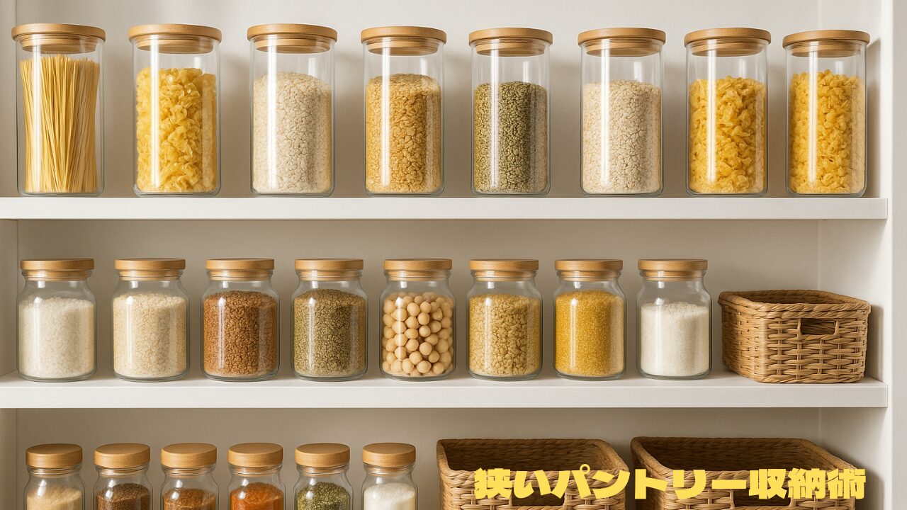 白い棚に並んだ、さまざまな食品が入った蓋付きの透明なガラス瓶