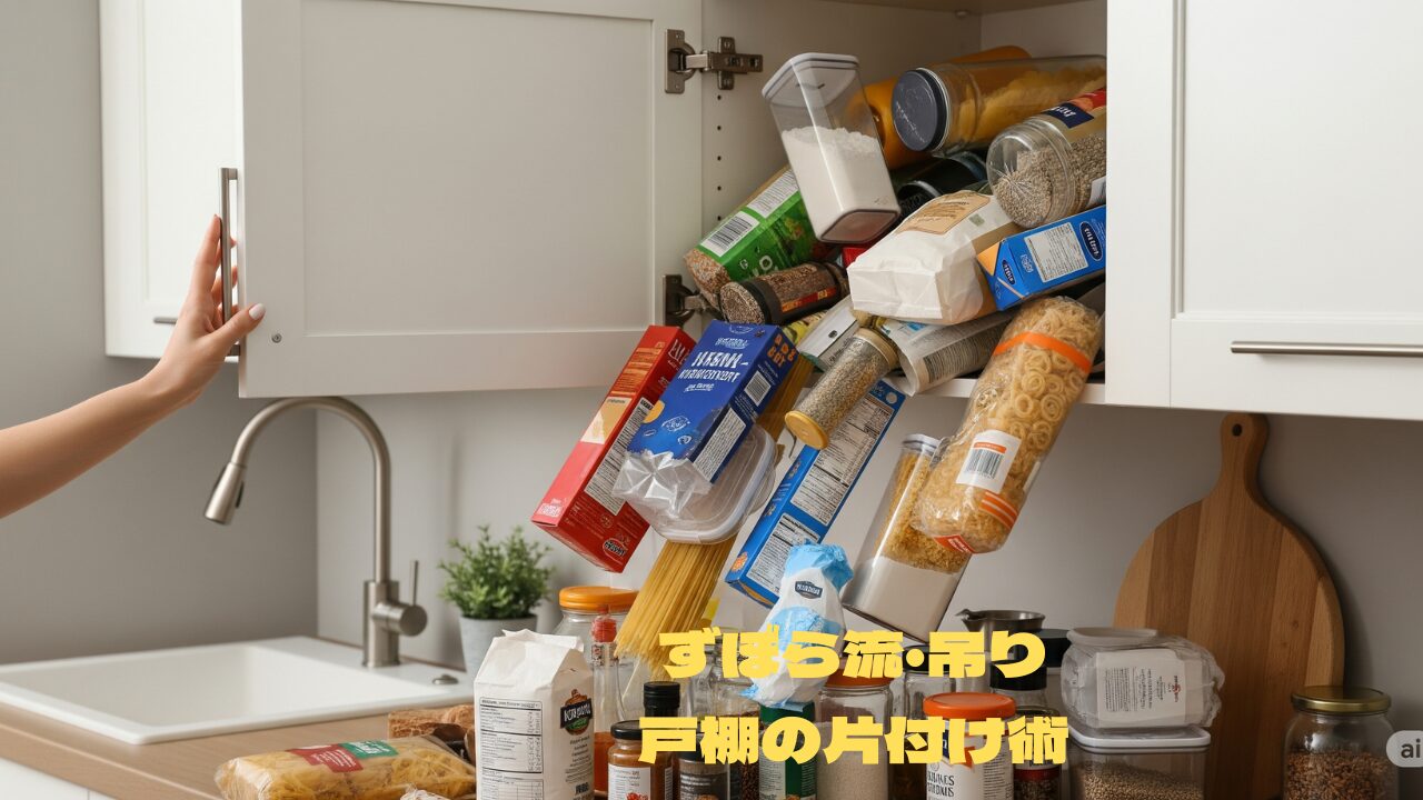 キッチンの吊り戸棚を開けた途端、収納されていたパスタなどの食料品が大量に雪崩落ちてくる様子。